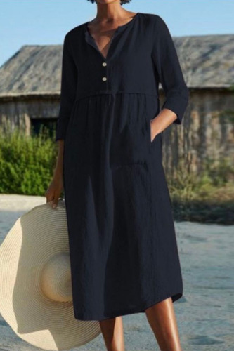 Black Fashion Casual Solid Patchwork O Neck A Line Dresses