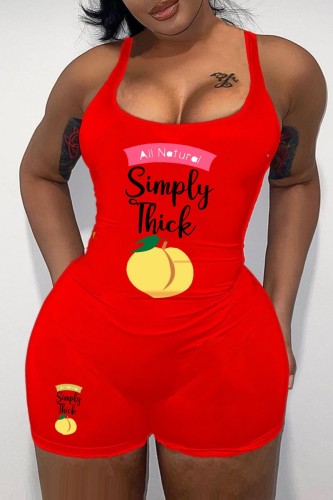 Red Casual Print Basic U Neck Skinny Romper