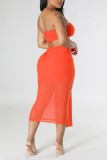 Rose Red Sexy Solid Patchwork Backless Strapless Sleeveless Two Pieces