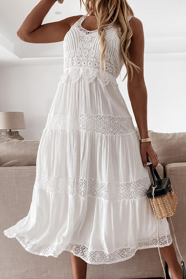 White Elegant Solid Lace V Neck Dresses
