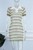 White Sexy Striped Patchwork Buttons Contrast POLO collar One Step Skirt Short Sleeve Dress