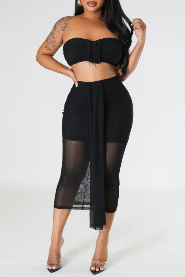 Black Sexy Solid Patchwork Backless Strapless Sleeveless Two Pieces