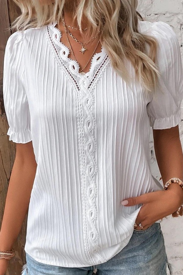 White Casual Solid Hollowed Out Patchwork V Neck Tops