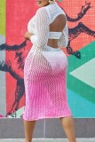 White Pink Sexy Gradual Change Print Hollowed Out See-through O Neck Long Sleeve Dresses