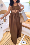 Brown Sexy Casual Solid Bandage Hollowed Out Backless Spaghetti Strap Long Dress Dresses