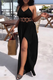Green Sexy Casual Solid Bandage Hollowed Out Backless Spaghetti Strap Long Dress Dresses