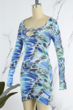 Blue Casual Print Hollowed Out U Neck Long Sleeve Dresses