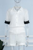 White Casual Solid Patchwork Contrast Turndown Collar Short Sleeve Two Pieces