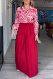 Red Elegant Floral Bandage Turndown Collar Long Sleeve Two Pieces