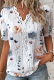 White Grey Casual Print Patchwork V Neck Tops