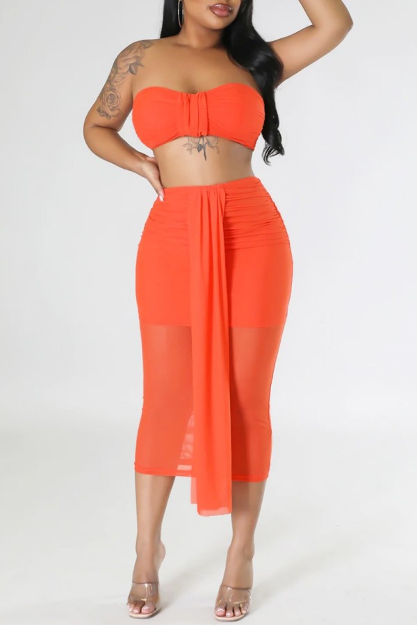 Orange Sexy Solid Patchwork Backless Strapless Sleeveless Two Pieces
