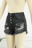 Baby Blue Casual Street Solid Tassel Ripped Buckle Low Waist Straight Denim Shorts