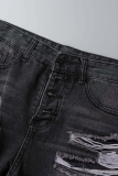 Black Casual Street Solid Tassel Ripped Buckle Low Waist Straight Denim Shorts