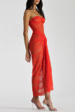 Tangerine Red Sexy Solid Lace Patchwork See-through Backless Strapless Wrapped Skirt Dresses
