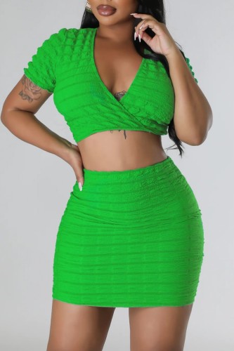 Green Casual Solid Patchwork V Neck Short Sleeve Two Pieces