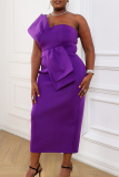 Purple Sexy Formal Solid Patchwork Backless Oblique Collar Evening Dress Dresses