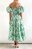 Green Yellow Sweet Elegant Print Asymmetrical Off the Shoulder Printed Dress Dresses