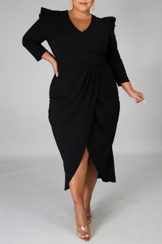 Black Casual Solid Patchwork V Neck Long Sleeve Plus Size Dresses