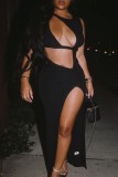 Black Sexy Solid Hollowed Out Slit O Neck Long Dress Dresses