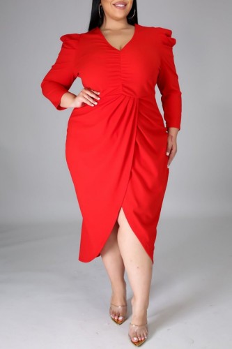 Red Casual Solid Patchwork V Neck Long Sleeve Plus Size Dresses