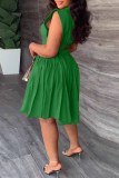 Green Casual Print Letter Turndown Collar Waist Skirt Dresses