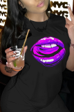 Black Casual Daily Lips Printed Patchwork O Neck T-Shirts