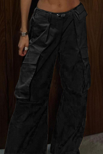 Black Street Solid Patchwork Pocket Loose Low Waist Wide Leg Solid Color Bottoms（Without Tops & Belt）
