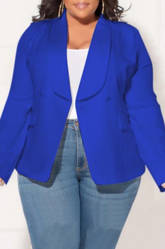 Blue Casual Solid Patchwork Cardigan Turn-back Collar Plus Size Overcoat