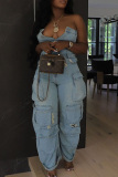 Baby Blue Casual Solid Ripped Patchwork Backless Strapless Sleeveless High Waist Regular Denim Jumpsuits