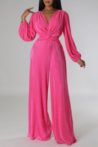 Rose Red Casual Solid Patchwork V Neck Regular Jumpsuits