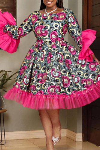 Rose Red Casual Print Patchwork O Neck Long Sleeve Dresses