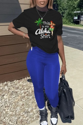 Blue Black Casual Print Basic O Neck Short Sleeve Two Pieces