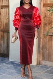Red Casual Solid Patchwork V Neck One Step Skirt Plus Size Dresses