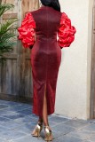 Red Casual Solid Patchwork V Neck One Step Skirt Plus Size Dresses