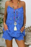 Blue Casual Solid Hollowed Out Spaghetti Strap Sleeveless Two Pieces