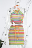Colour Elegant Striped Draw String Backless Halter Sleeveless Two Pieces
