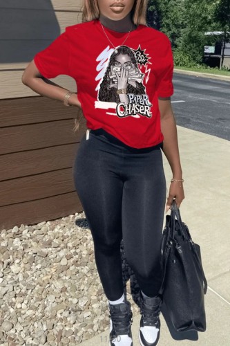 Red Black Casual Print Basic O Neck Short Sleeve Two Pieces