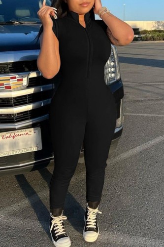 Black Casual Solid Patchwork Zipper Collar Skinny Jumpsuits
