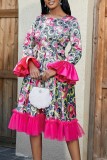 Rose Red Casual Print Patchwork O Neck Long Sleeve Dresses