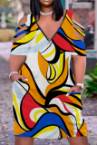 Multicolor Casual Print Patchwork Zipper V Neck Short Sleeve Dress