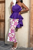 Purple Sexy Formal Print Patchwork Backless Oblique Collar Long Dress Dresses