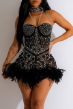 Red Sexy Patchwork Hot Drilling Feathers Backless Halter Skinny Romper