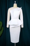 White Casual Patchwork Beading O Neck Long Sleeve Dresses