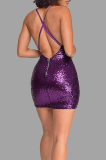 Purple Sexy Solid Sequins Backless Zipper Spaghetti Strap One Step Skirt Dresses
