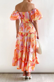 Tangerine Red Sweet Elegant Print Asymmetrical Off the Shoulder Printed Dress Dresses