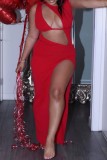 Red Sexy Solid Hollowed Out Slit O Neck Long Dress Dresses