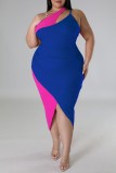 Blue Sexy Solid Patchwork Slit Contrast Oblique Collar Sleeveless Dress Plus Size Dresses