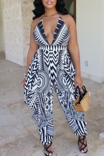 Black Sexy Print Bandage Backless Halter Regular Jumpsuits
