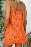 Tangerine Red Casual Solid Hollowed Out Spaghetti Strap Sleeveless Two Pieces