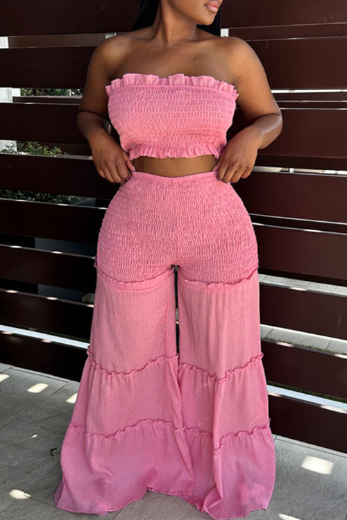 Pink Sexy Casual Solid Backless Strapless Sleeveless Two Pieces
